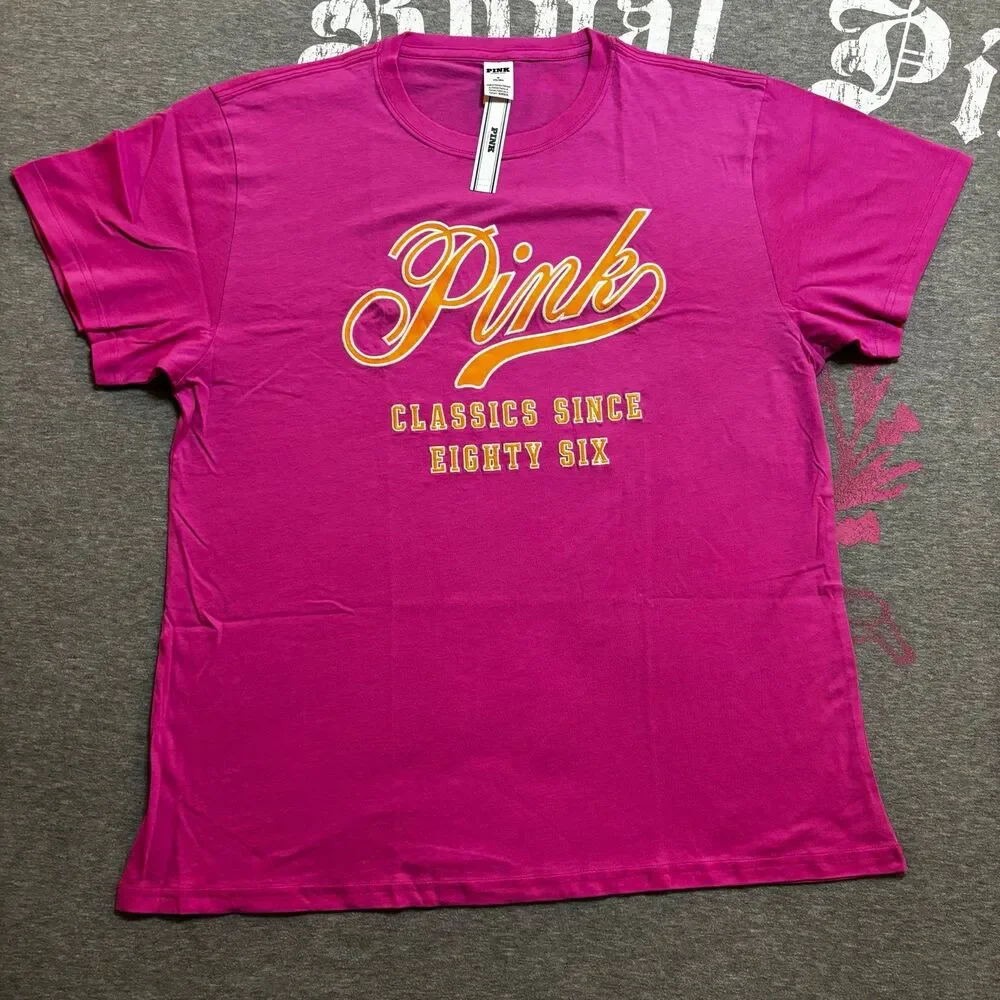 NWT New VS PINK Pink Love Pink Classics 1986 Logo Matching Tee & Shorts Set
